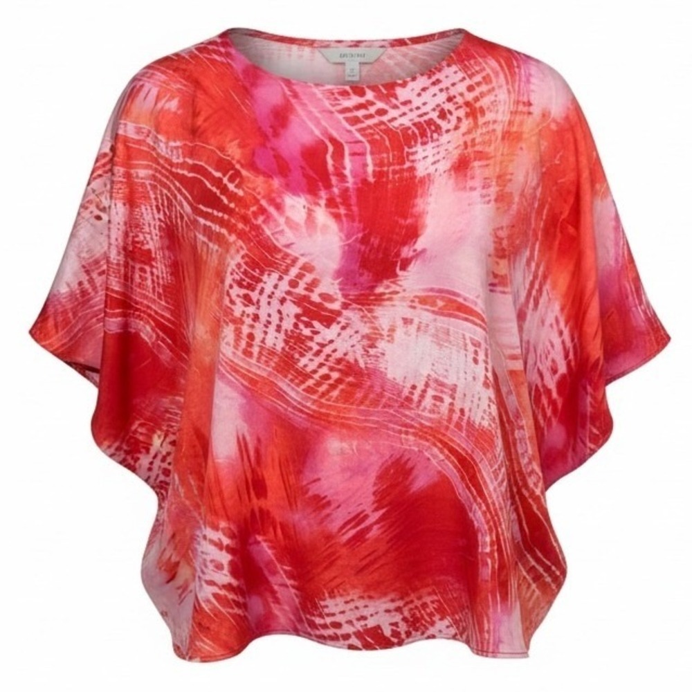 Chico's Poncho Blouse Women S/M Red Pink Abstract Tie Dye Kimono Sleeve Top
